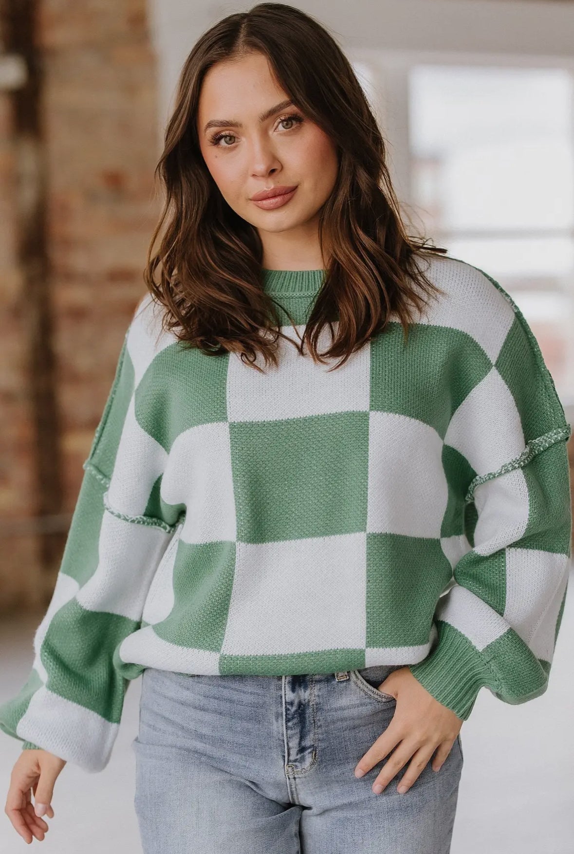 Checkered Bishop Sleeved Sweater